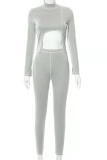 Grey Sexy Solid Hollowed Out Patchwork Asymmetrical Half A Turtleneck Long Sleeve Two Pieces