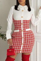 Red Casual Plaid Split Joint Buckle Turndown Collar Dresses