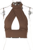Brown Sexy Solid Bandage Hollowed Out Split Joint Halter Tops