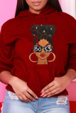 Red Casual Print Patchwork Draw String Hooded Collar Tops