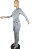 Grey Casual Solid Patchwork Draw String Fold O Neck Long Sleeve Two Pieces