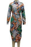 Turquoise Casual Print Patchwork Buckle Turndown Collar Shirt Dress Dresses