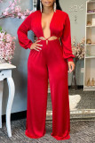 Red Sexy Solid Hollowed Out Patchwork Asymmetrical Collar Straight Jumpsuits