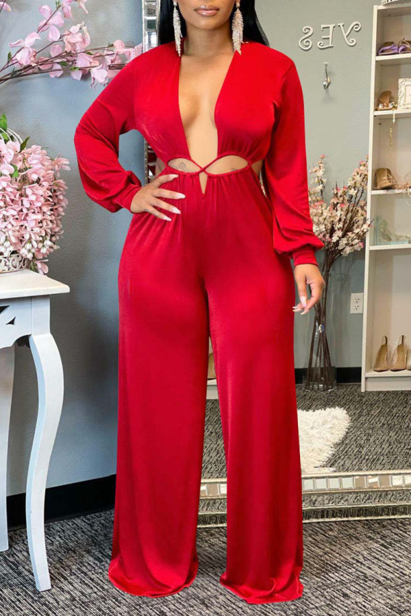 Red Sexy Solid Hollowed Out Patchwork Asymmetrical Collar Straight Jumpsuits