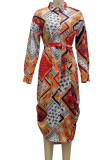 Turquoise Casual Print Patchwork Buckle Turndown Collar Shirt Dress Dresses