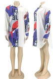 White Casual Print Patchwork Buckle Turndown Collar Shirt Dress Dresses