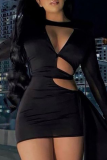 Black Sexy Solid Hollowed Out O Neck Pencil Skirt Dresses
