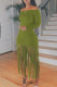 Green Casual Solid Tassel Patchwork Off the Shoulder A Line Dresses