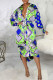 Turquoise Casual Print Patchwork Buckle Turndown Collar Shirt Dress Dresses