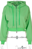 Green Sportswear Solid Draw String Hooded Collar Tops