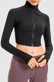 Black Casual Solid Split Joint Zipper Zipper Collar Outerwear