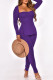 Purple Fashion Casual Solid Slit Square Collar Long Sleeve Two Pieces