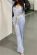 Blue Fashion Casual Solid With Belt V Neck Regular Jumpsuits