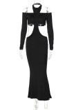 Black Fashion Sexy Solid Hollowed Out O Neck Long Sleeve Two Pieces