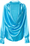 Blue Fashion Casual Solid Basic Turndown Collar Tops