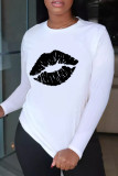 Rose Red Fashion Casual Lips Printed Basic O Neck T-Shirts