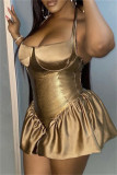 Gold Fashion Sexy Solid Bandage Backless Halter Regular Romper