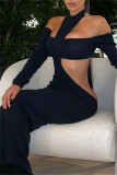 Black Fashion Sexy Solid Hollowed Out O Neck Long Sleeve Two Pieces