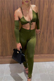 Green Sexy Casual Solid Hollowed Out Backless Halter Long Sleeve Two Pieces
