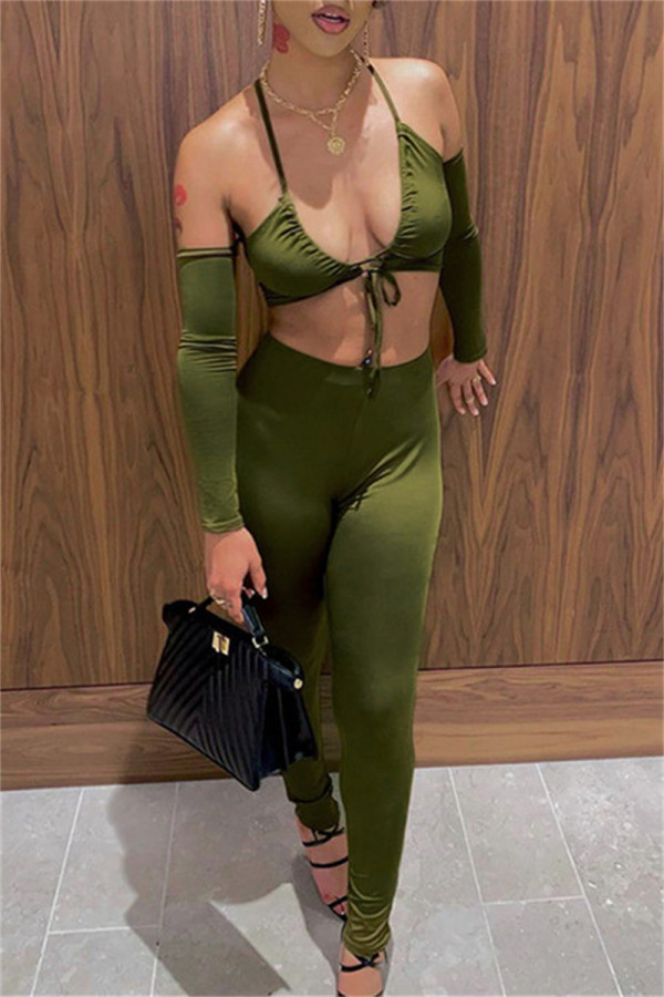 Green Sexy Casual Solid Hollowed Out Backless Halter Long Sleeve Two Pieces