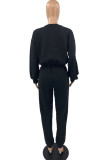Blue Casual Solid Patchwork Frenulum V Neck Long Sleeve Two Pieces