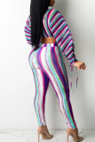 Purple Fashion Casual Striped Print Draw String O Neck Long Sleeve Two Pieces