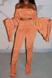 Tangerine Sexy Solid Patchwork Fold Off the Shoulder Long Sleeve Two Pieces