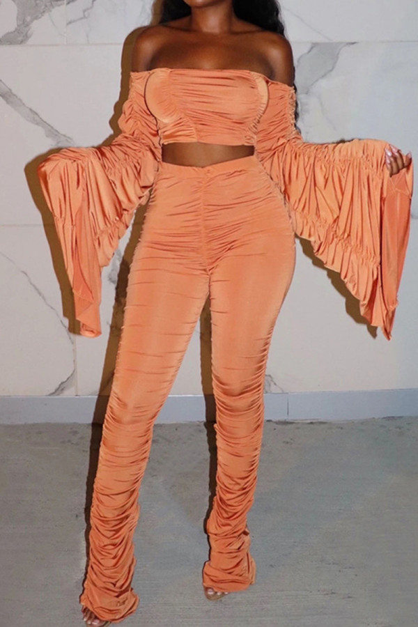 Tangerine Sexy Solid Patchwork Fold Off the Shoulder Long Sleeve Two Pieces