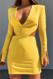 Rose Red Sexy Casual Solid Hollowed Out V Neck Long Sleeve Dresses