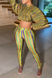 Green Yellow Fashion Casual Striped Print Draw String O Neck Long Sleeve Two Pieces