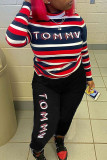 Red Casual Striped Print Patchwork O Neck Long Sleeve Two Pieces