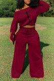 Burgundy Fashion Casual Print Basic Oblique Collar Long Sleeve Two Pieces