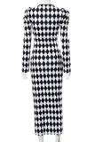 Black And White Sexy Plaid Patchwork O Neck Pencil Skirt Dresses