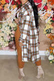Yellow Brown Casual Plaid Print Patchwork Buckle Turndown Collar Outerwear