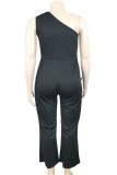 Black Fashion Casual Solid Beading One Shoulder Plus Size Jumpsuits