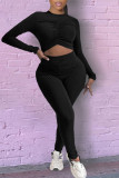 Blue Sexy Solid Hollowed Out Patchwork Fold O Neck Regular Jumpsuits