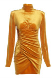 Yellow Fashion Casual Solid Asymmetrical Half A Turtleneck Long Sleeve Dresses