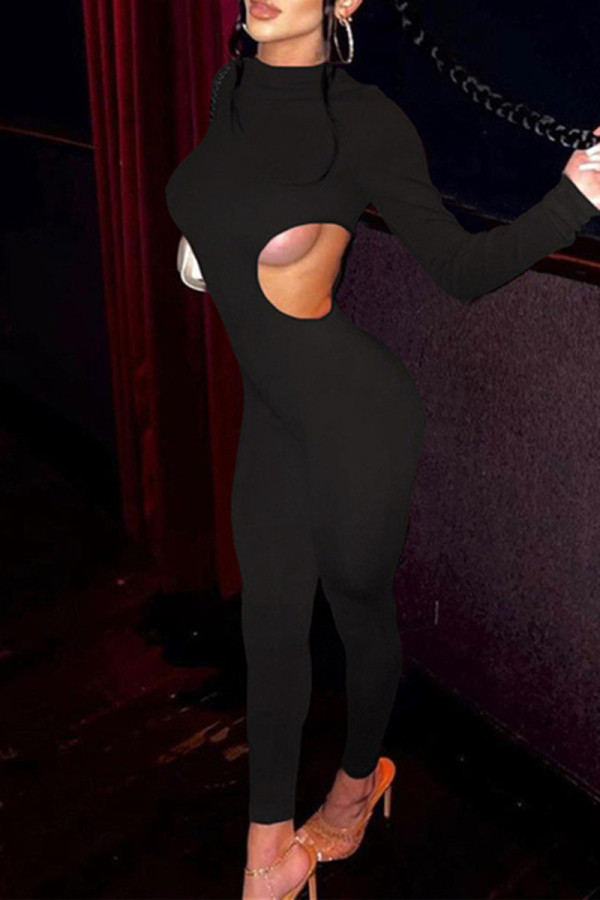 Black Sexy Casual Solid Hollowed Out Half A Turtleneck Skinny Jumpsuits