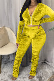 Yellow Fashion Sexy Adult Pleuche Solid Fold Hooded Collar Long Sleeve Regular Sleeve Regular Two Pieces