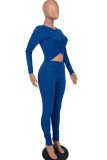Blue Sexy Solid Hollowed Out Patchwork Fold O Neck Regular Jumpsuits