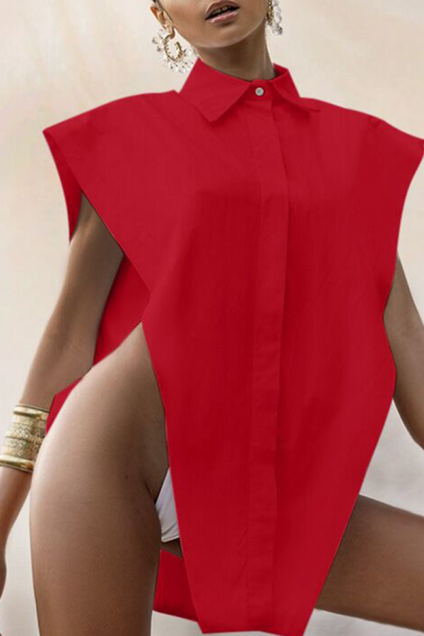 Red Casual Solid Split Joint Turndown Collar Tops