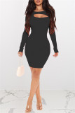 Pink Sexy Casual Solid Hollowed Out O Neck Long Sleeve Dresses