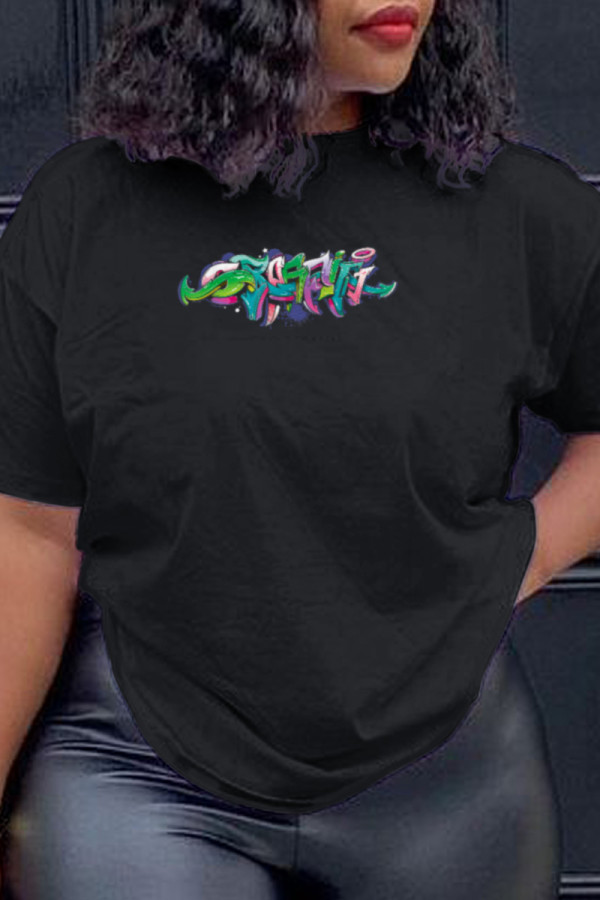 Black Casual Street Print Patchwork O Neck T-Shirts