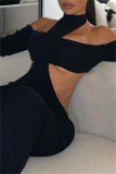 Black Fashion Sexy Solid Hollowed Out O Neck Long Sleeve Two Pieces