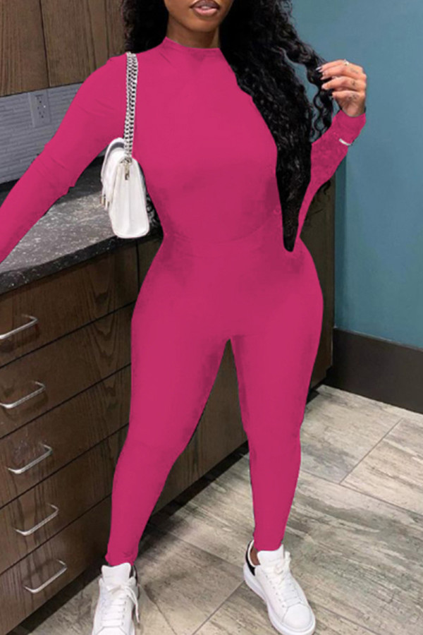 Rose Red Casual Sportswear Solid Basic O Neck Long Sleeve Two Pieces