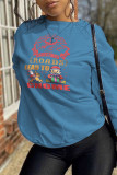 Blue Street Party Print Patchwork O Neck Tops