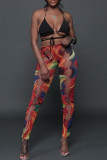 Burgundy Fashion Sexy Print Hollowed Out Skinny High Waist Pencil Trousers