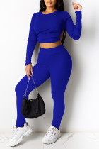 Blue Sexy Solid Split Joint Frenulum Backless O Neck Long Sleeve Two Pieces