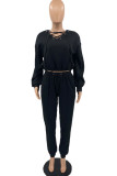 Blue Casual Solid Patchwork Frenulum V Neck Long Sleeve Two Pieces