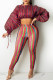 Rose Red Fashion Casual Striped Print Draw String O Neck Long Sleeve Two Pieces
